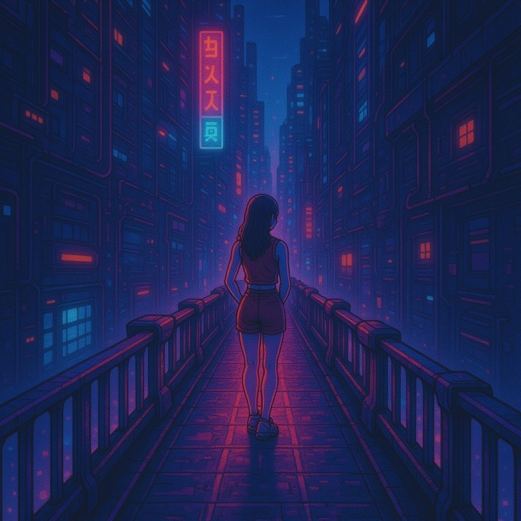 Lone Figure on Dimly Lit Bridge in Futuristic City