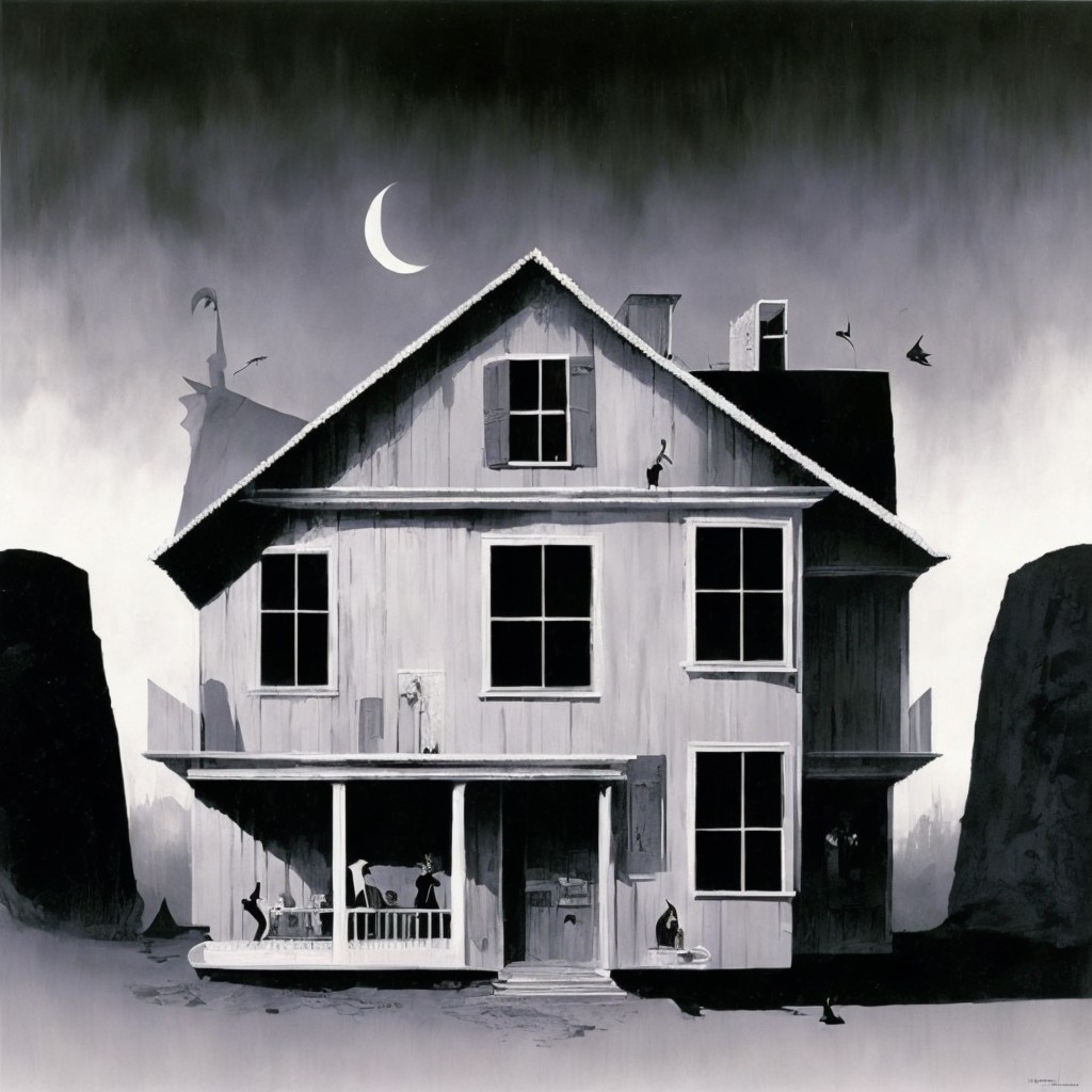 Whimsical Victorian House in Black-and-White Illustration