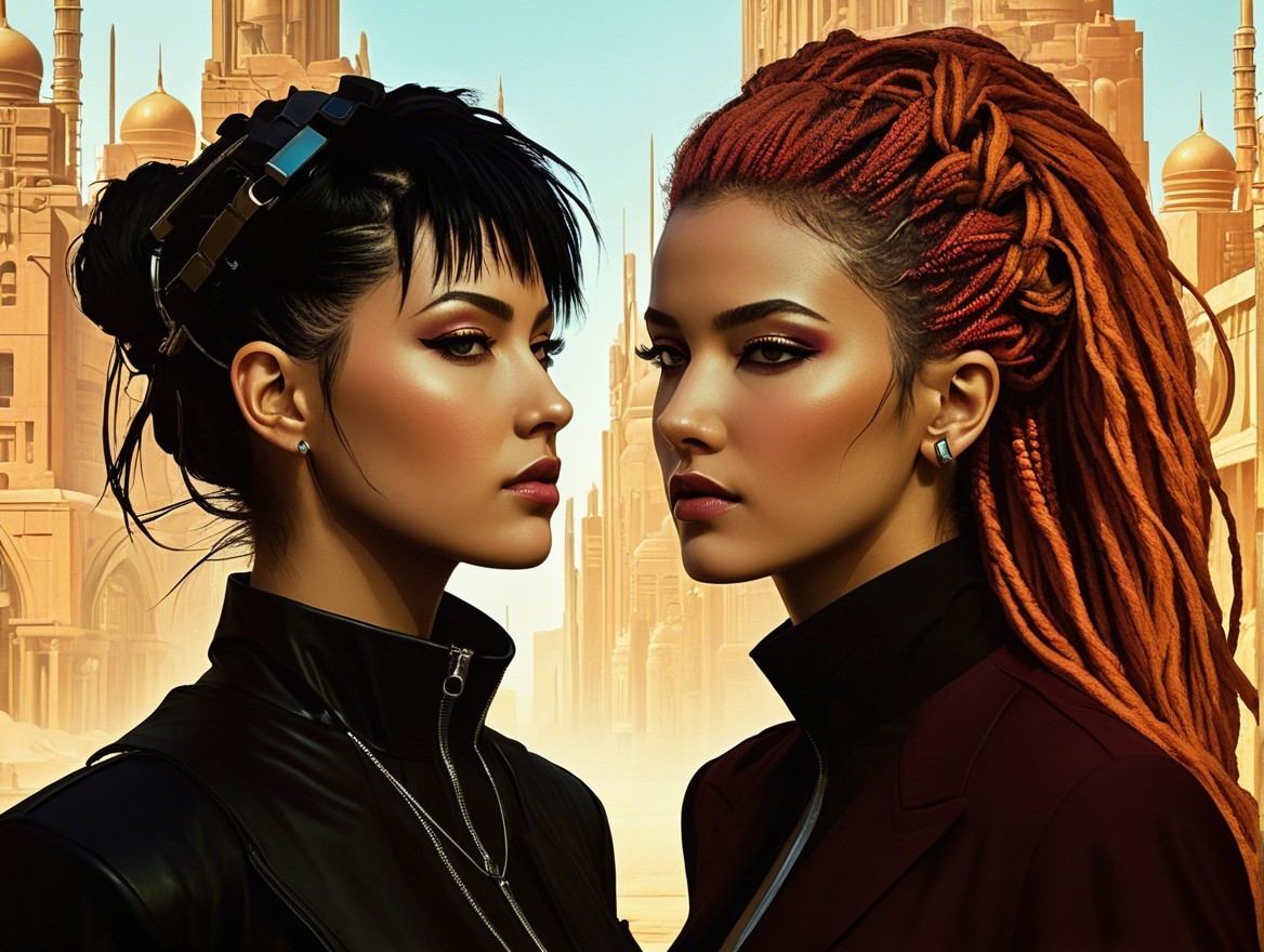 Two Women in Futuristic Cityscape with Bold Styles