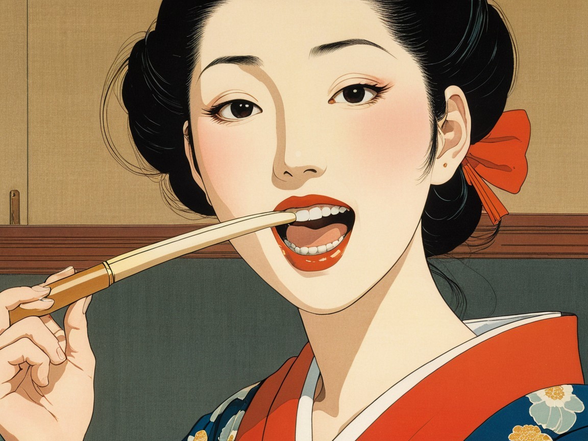 Elegant Woman in Traditional Japanese Kimono Smiling