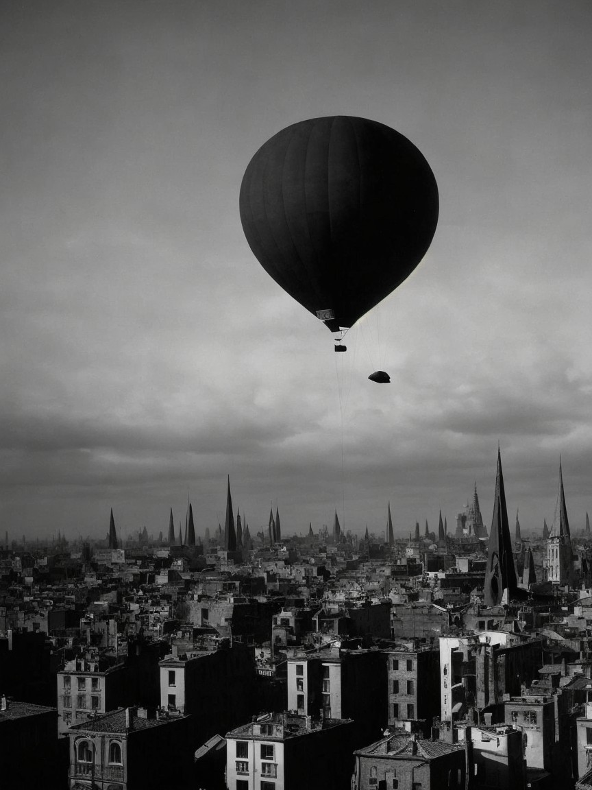 Black Hot Air Balloon Over Urban Cityscape
