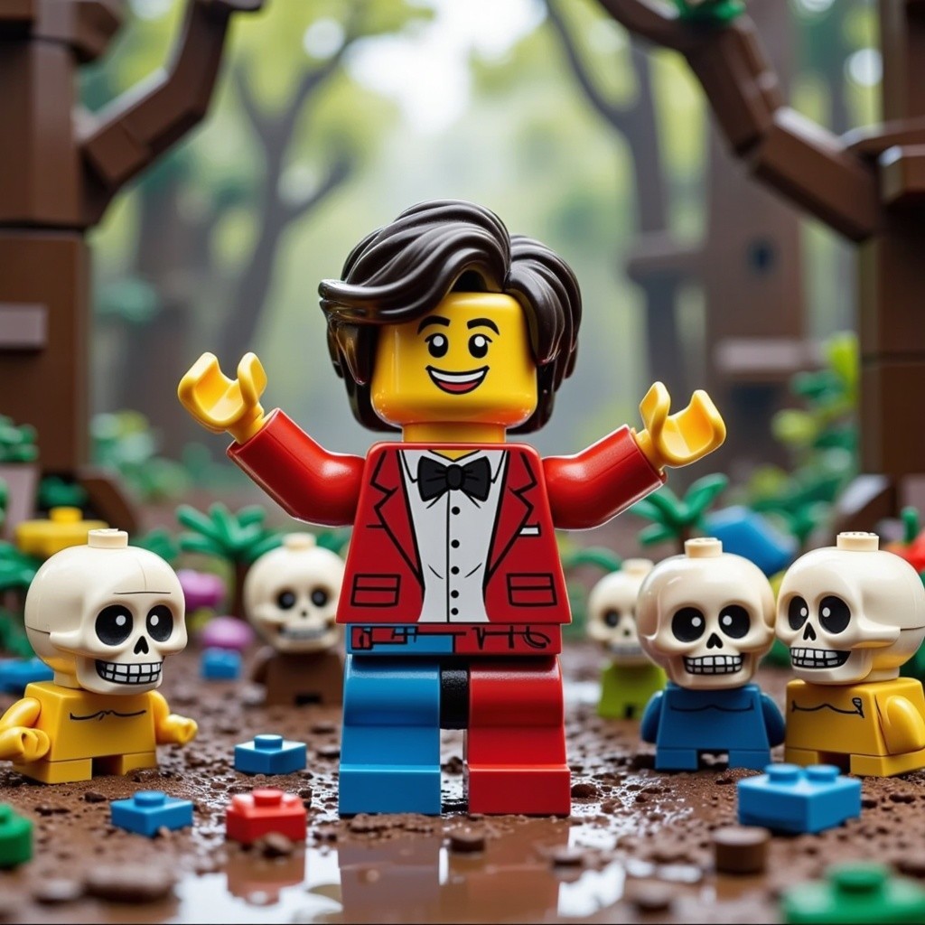 Cheerful LEGO Figure in Forest with Skeletons