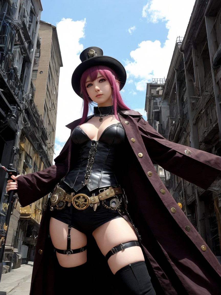 Full-Body View of Female Steampunk Cosplayer in Street
