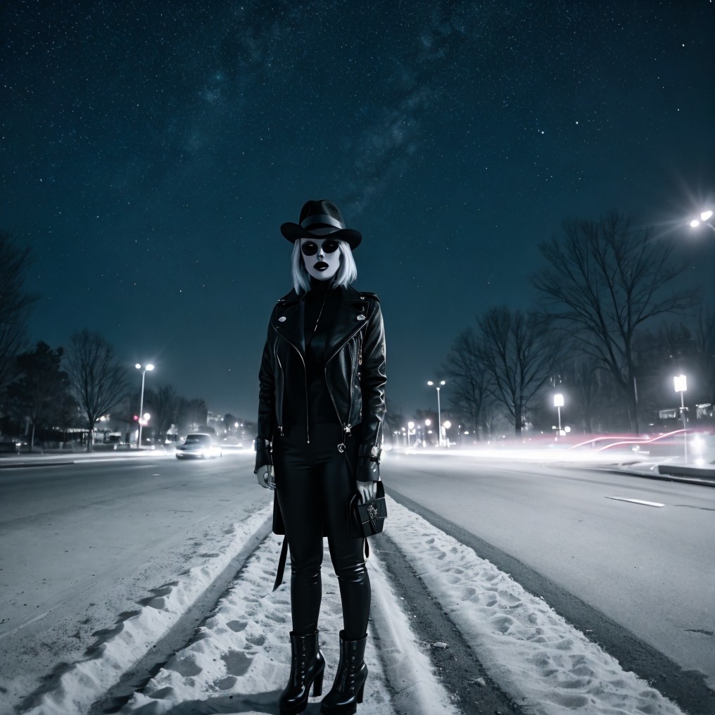 Silhouette on Snowy Street at Night with Starry Sky
