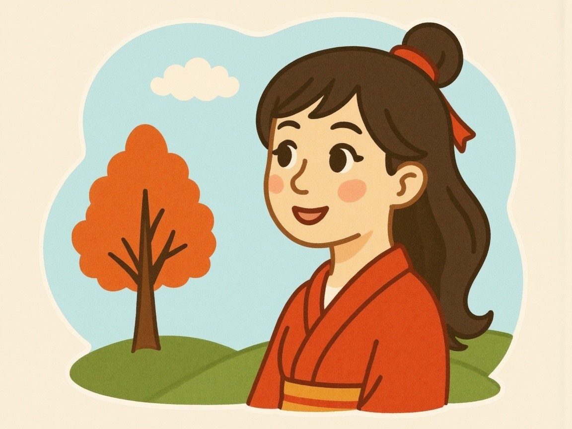 Cheerful Woman in Red Kimono Amid Autumn Landscape