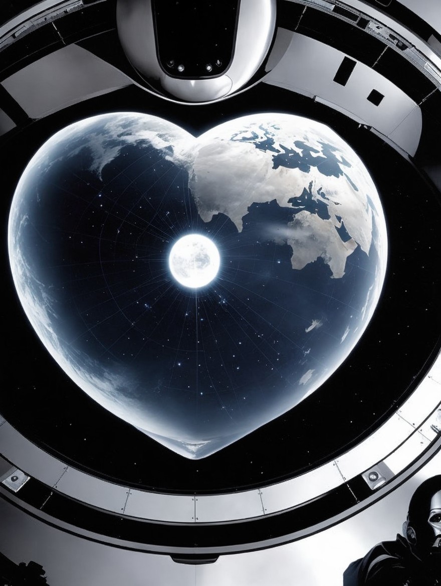 Futuristic Spacecraft View of Heart-Shaped Earth