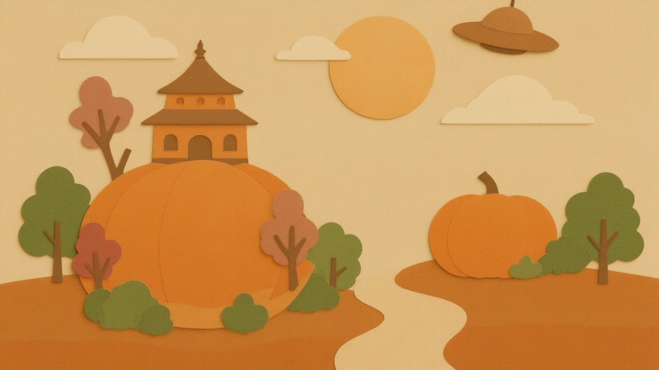 Whimsical Paper-Craft Landscape with Pumpkins and Trees