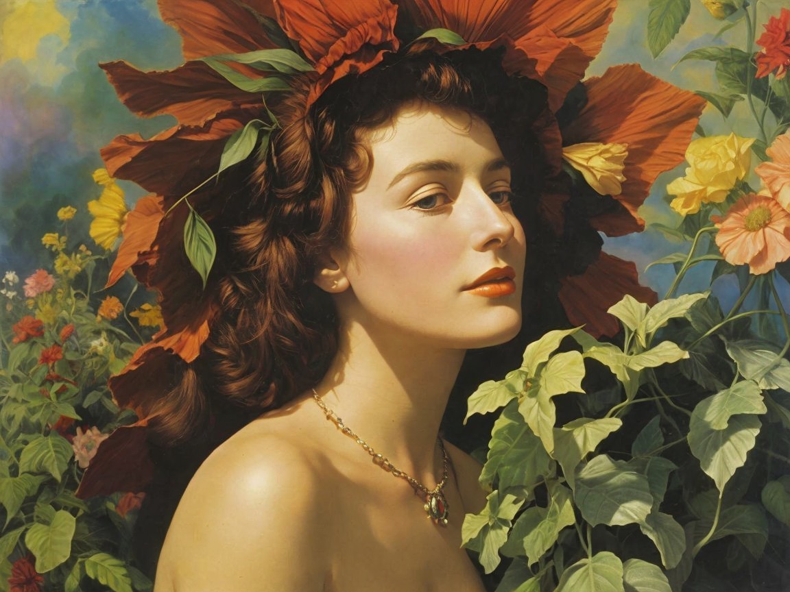 A woman with auburn hair and floral headdress in profile