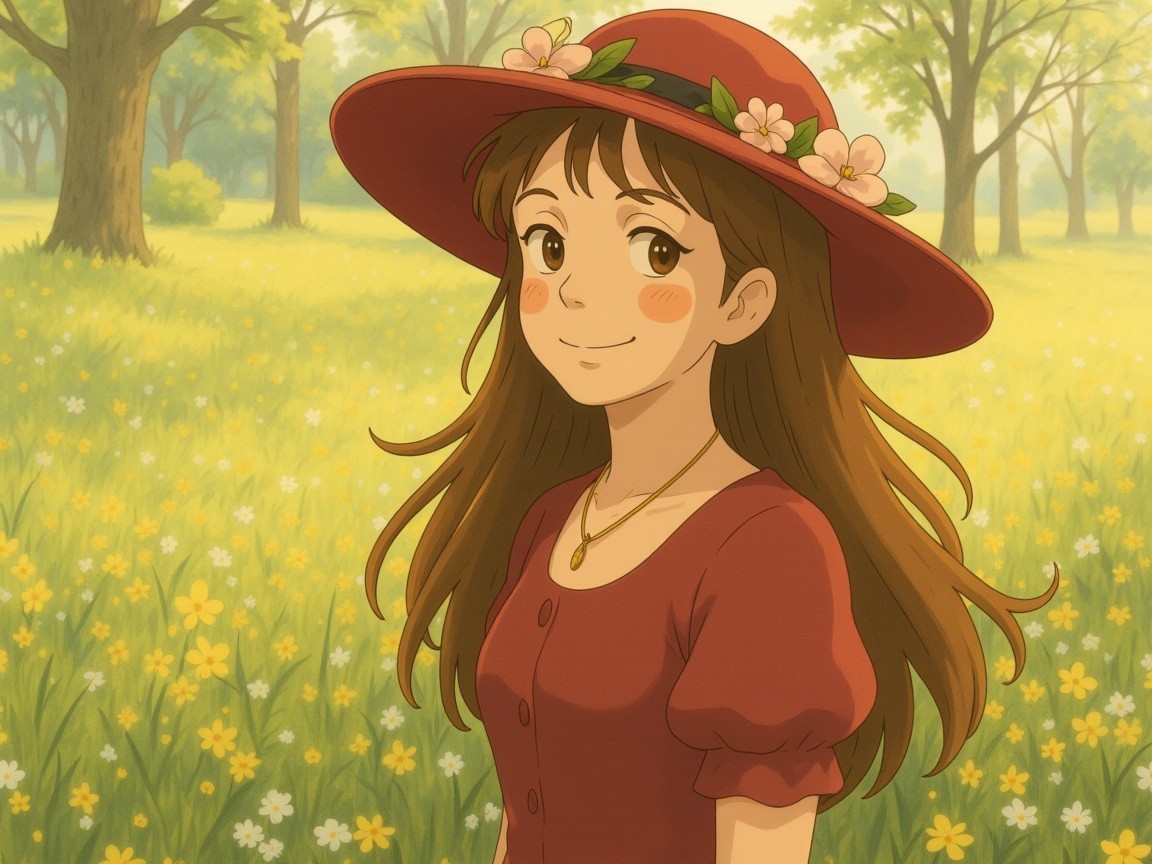 Young woman in flower-filled meadow with red dress