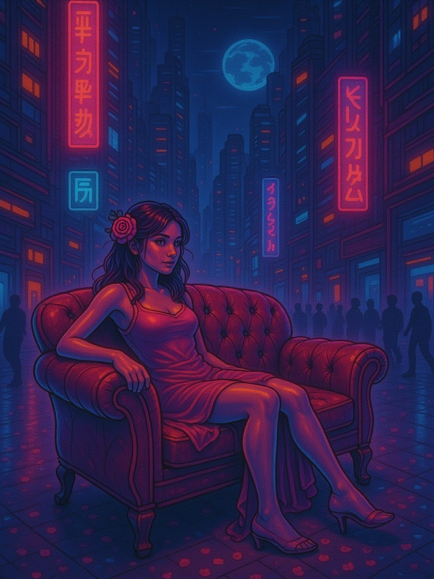 Neon Urban Scene with Woman on Red Couch