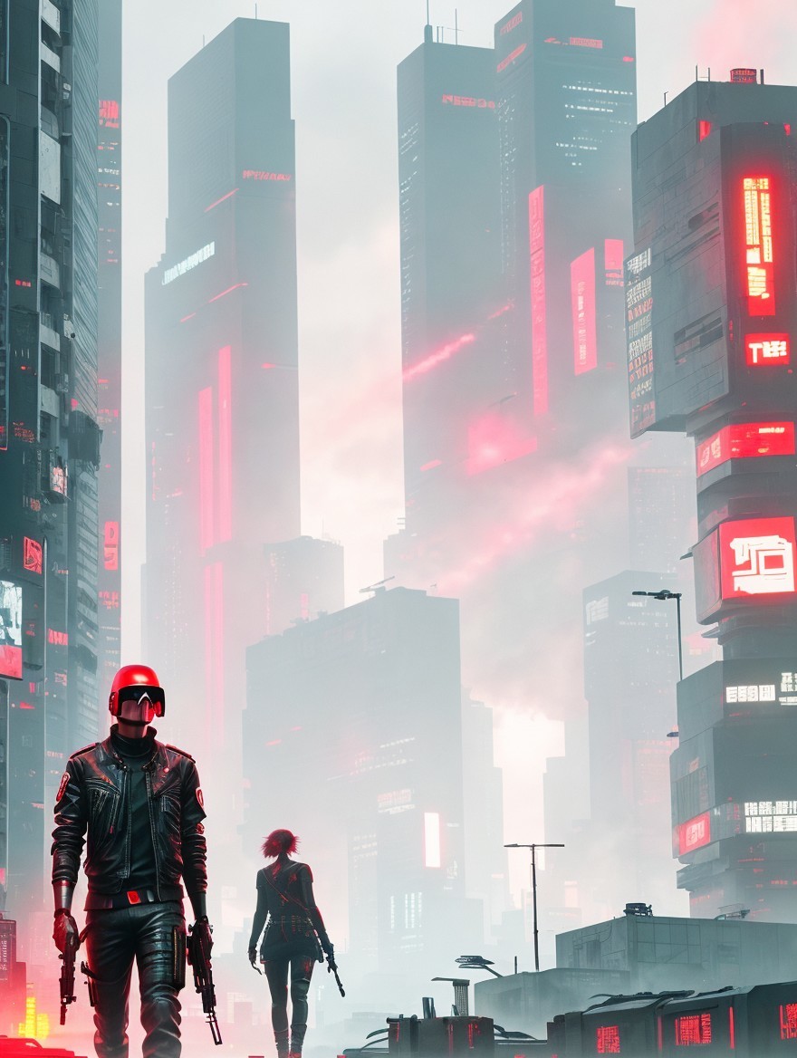Futuristic Cyberpunk Cityscape with Defiant Figures