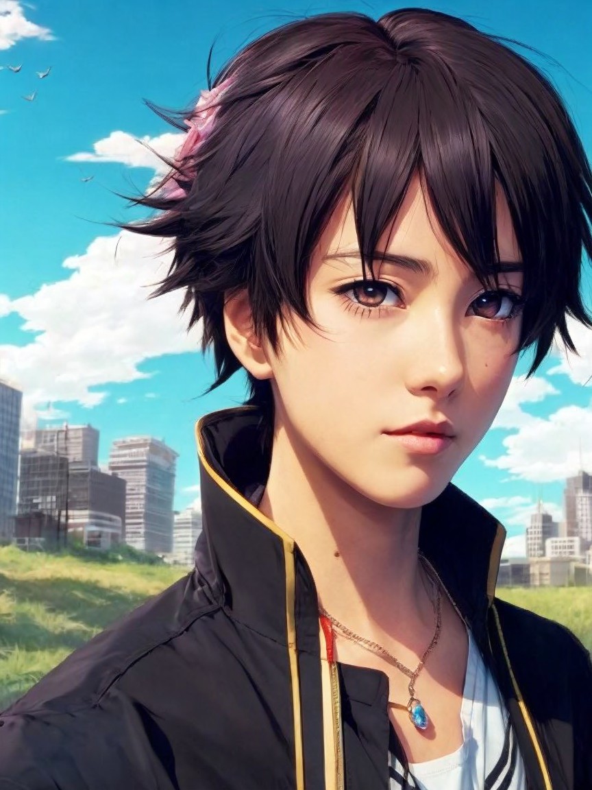Young person in stylish black jacket against urban backdrop