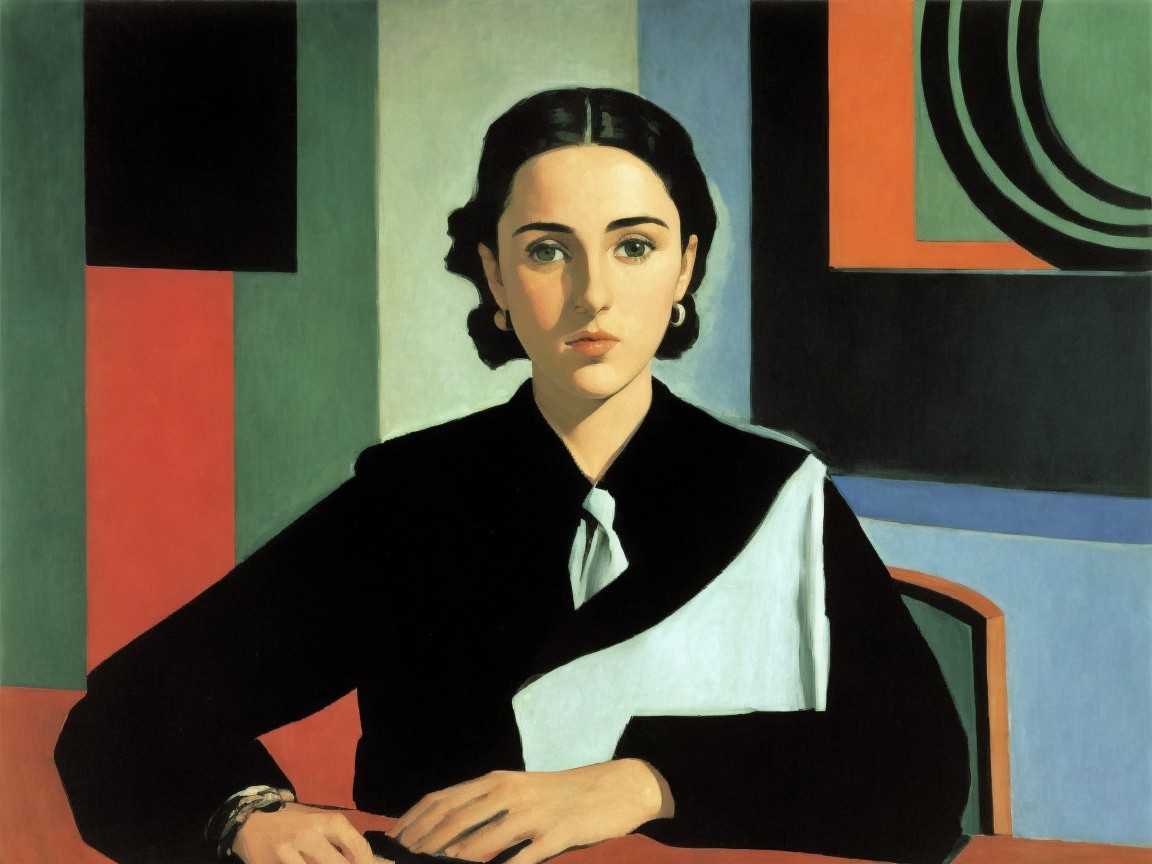 Young Woman at Table with Geometric Background
