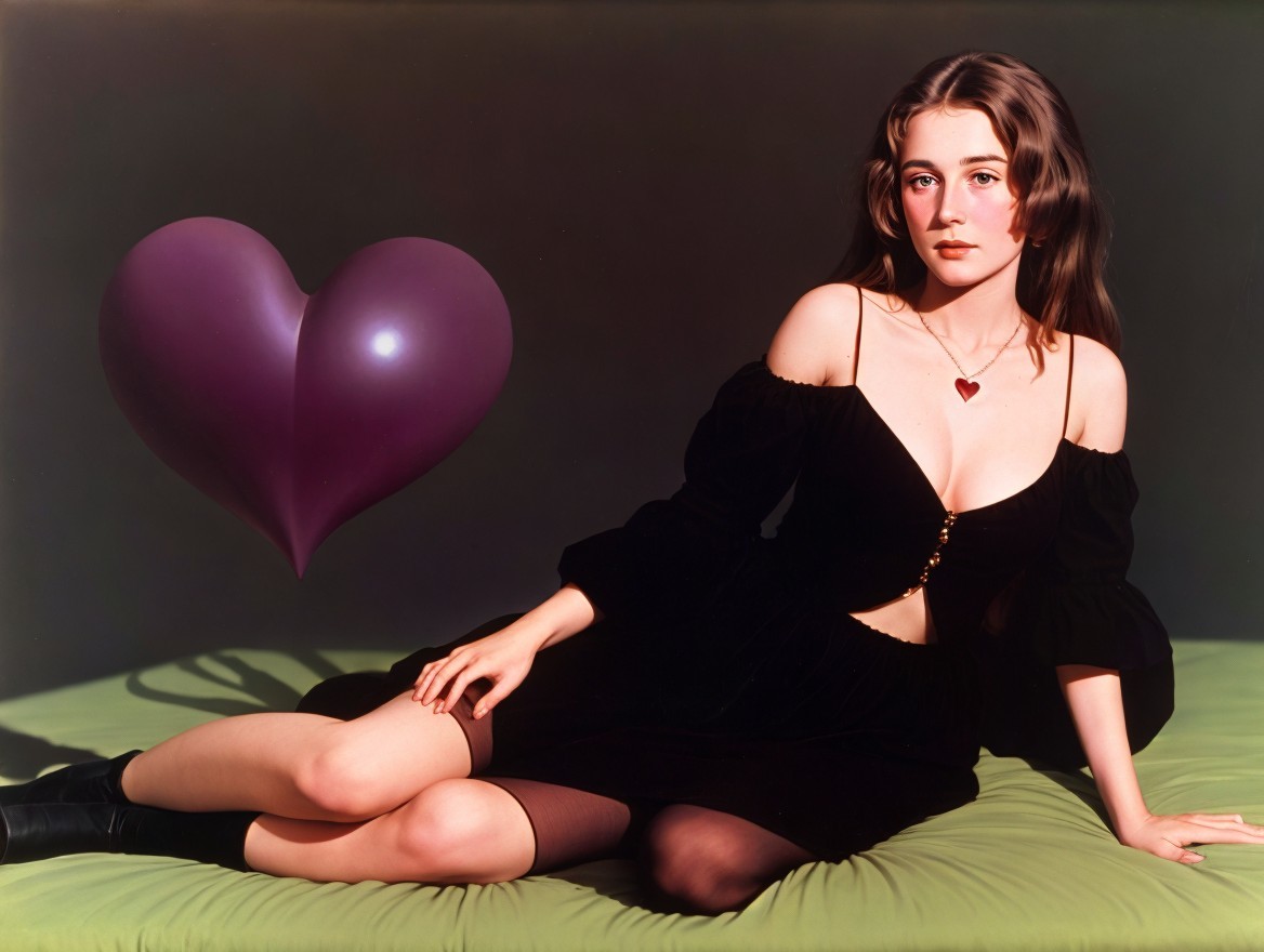 Young woman in black dress with purple heart nearby
