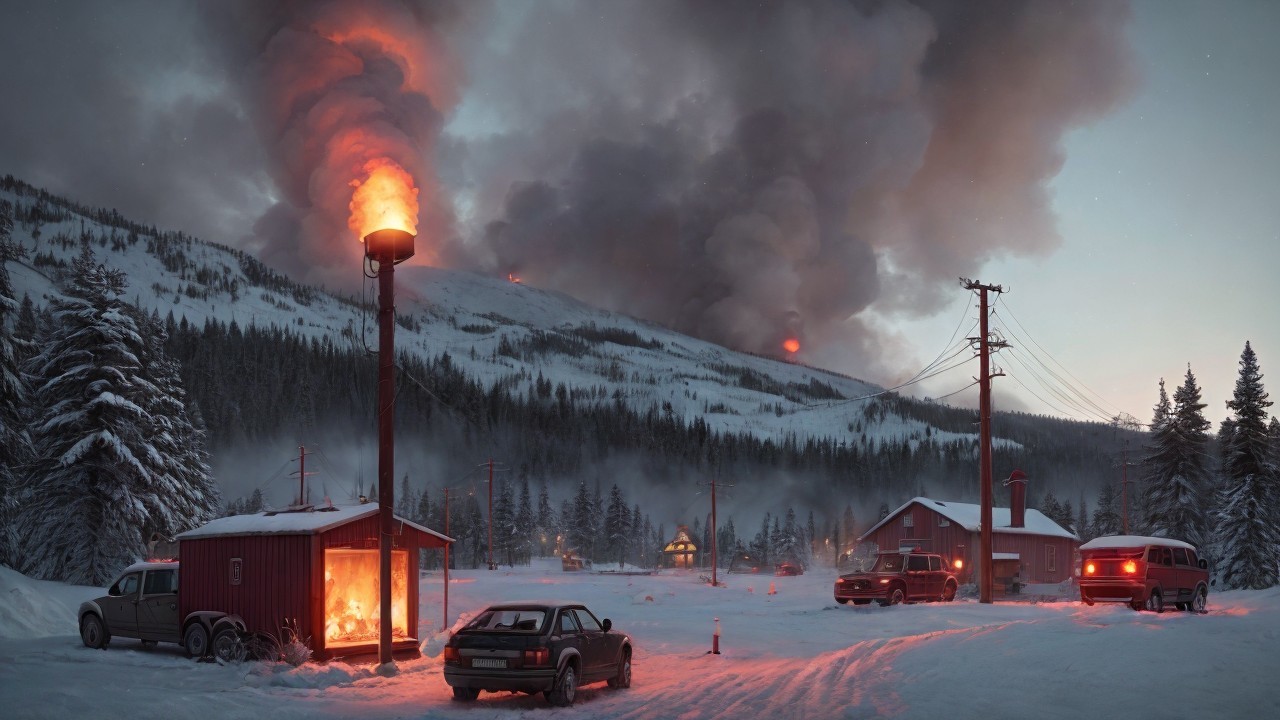 Winter Landscape with Mountain Eruptions and Fire