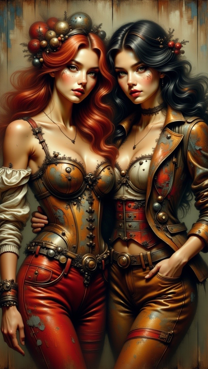 Steampunk Women with Red and Black Hair in Vintage Outfits