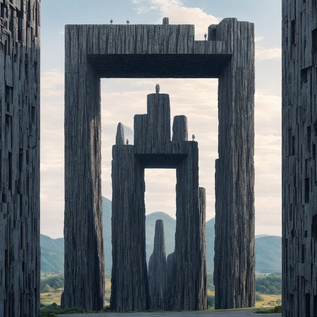 Surreal landscape with geometric stone structures and mountains