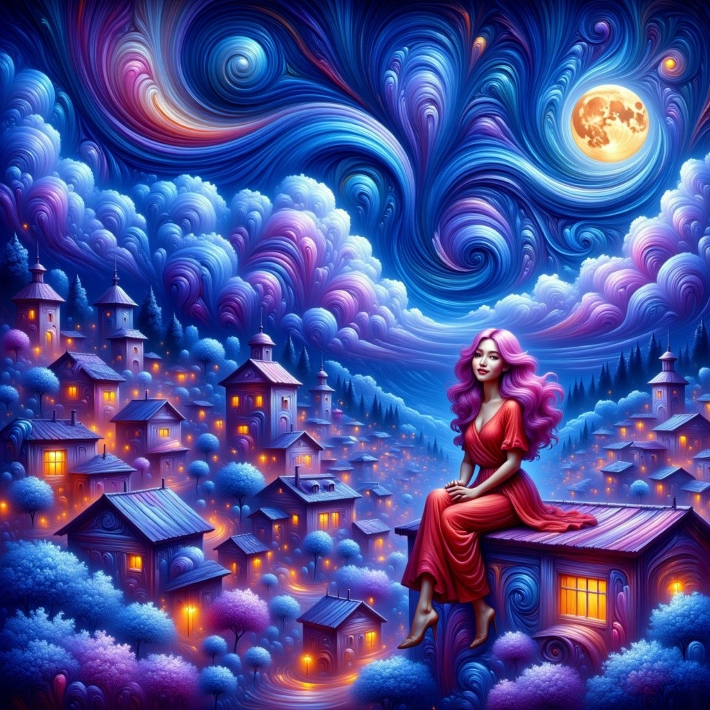 Night Sky Cityscape with Moon and Whimsical Atmosphere
