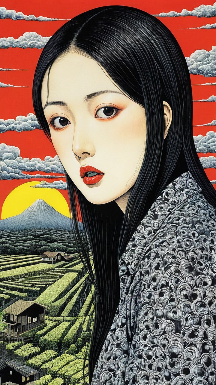 Illustration of a woman in kimono with Mount Fuji backdrop