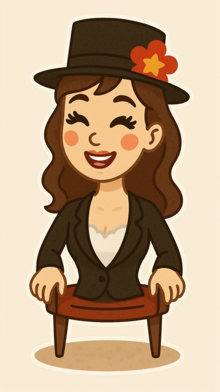 Cheerful Cartoon Woman in Stylish Outfit and Hat