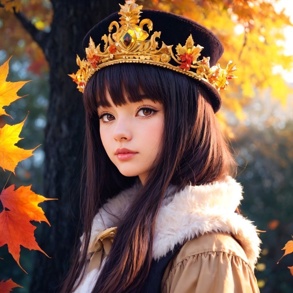 Young Person in Golden Crown Amidst Autumn Foliage