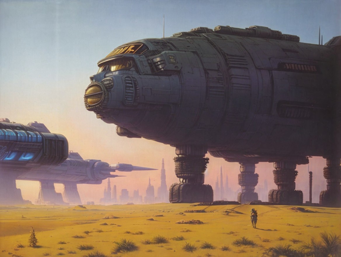 Futuristic Spacecraft in Desert Landscape with City Silhouettes