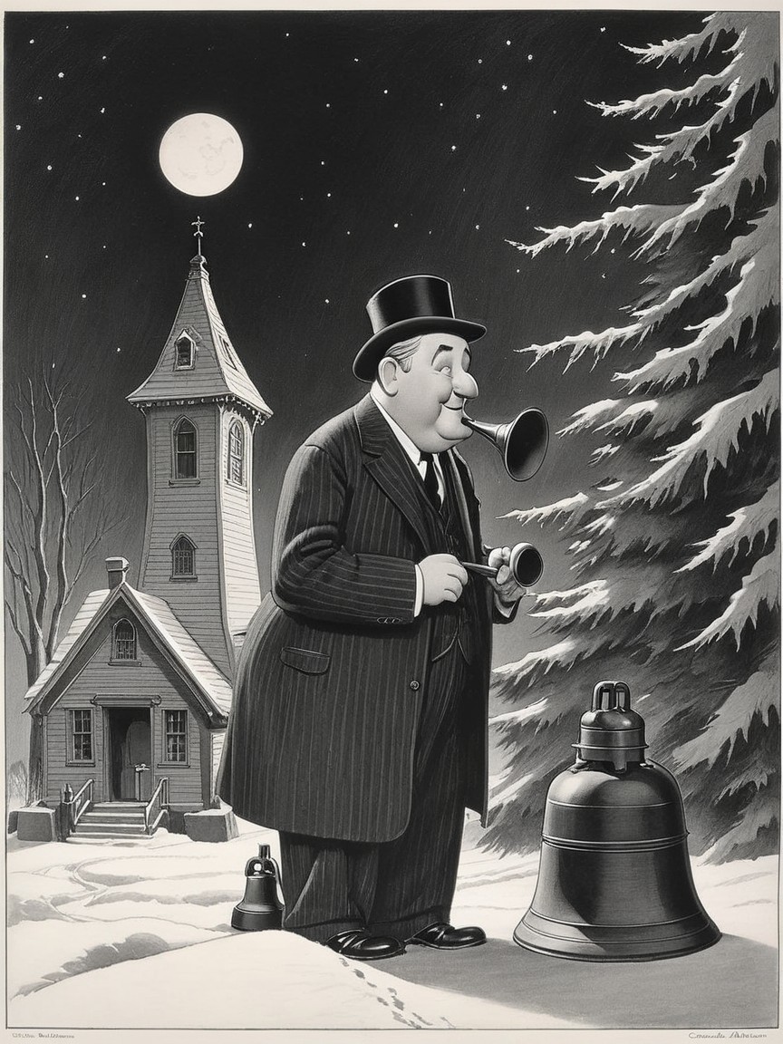 Rotund Man with Trumpet in Snowy Night Landscape