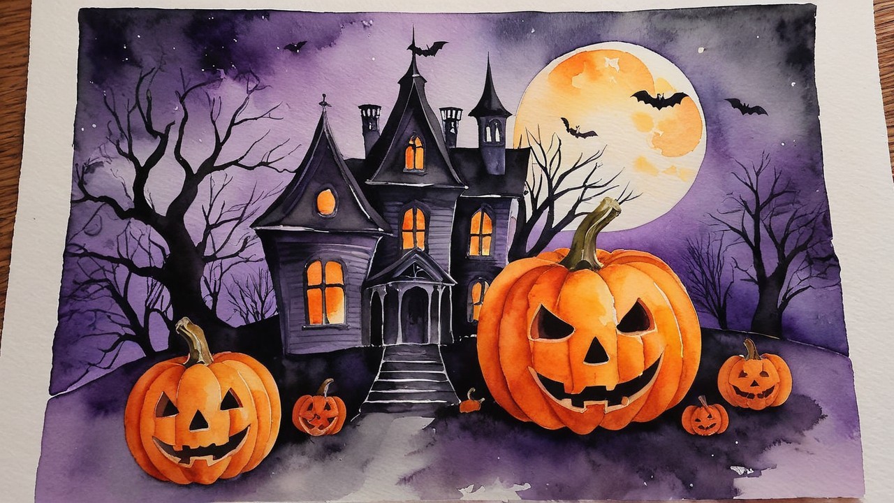 Spooky Mansion with Jack-o'-Lanterns and Purple Sky