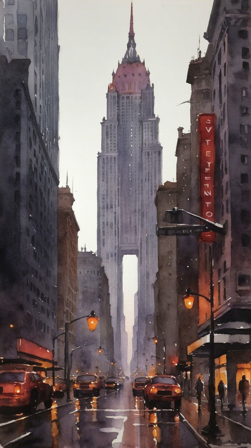 Watercolor City Street Scene with Skyscraper and Rain