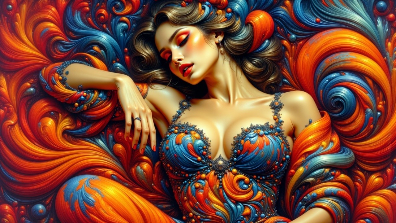 Vibrant Artwork of a Woman in Orange and Blue Patterns