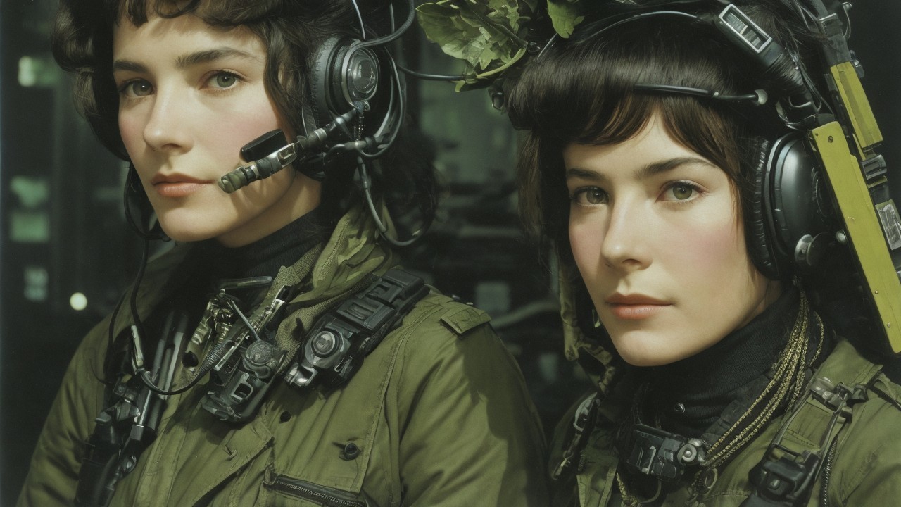 Female Figures in Military Uniforms with Headsets