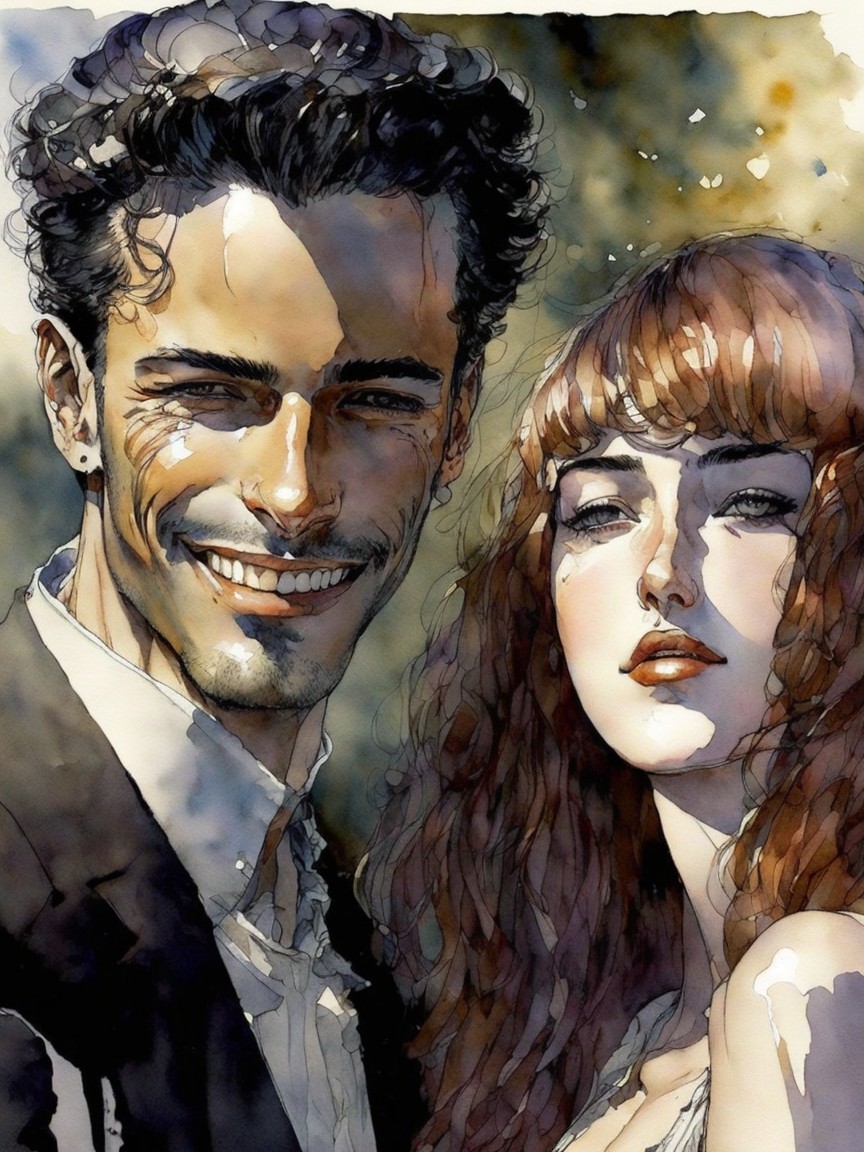 Vibrant Watercolor of Joyful Couple in Soft Background