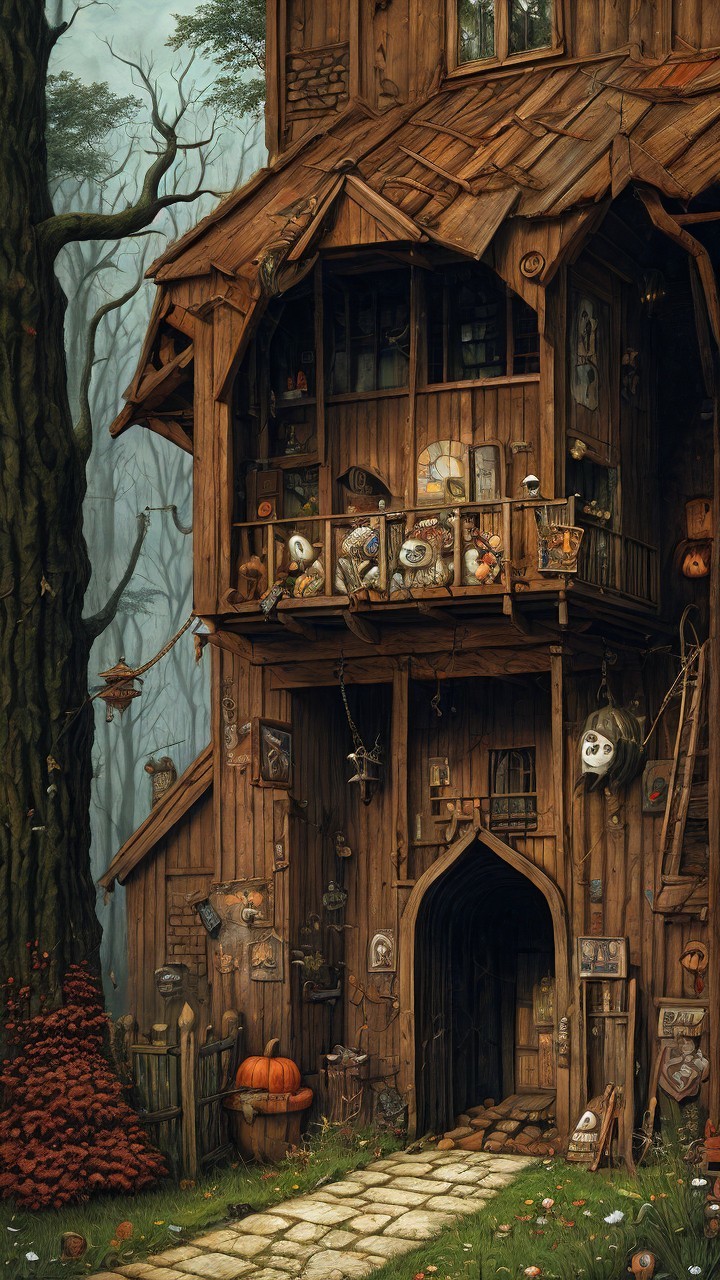 Whimsical Wooden House in Foggy Forest Setting