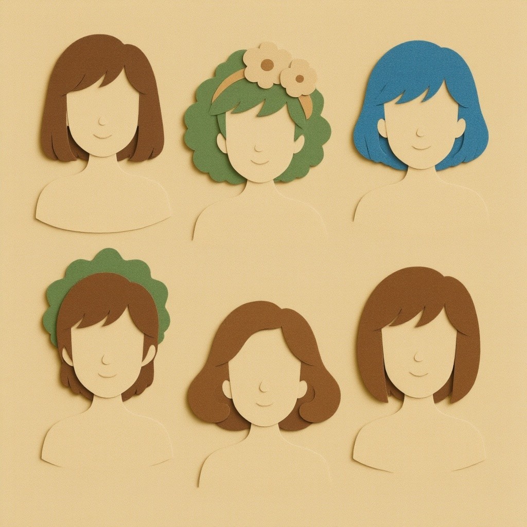 Stylized Illustrated Faces with Unique Hairstyles and Accessories