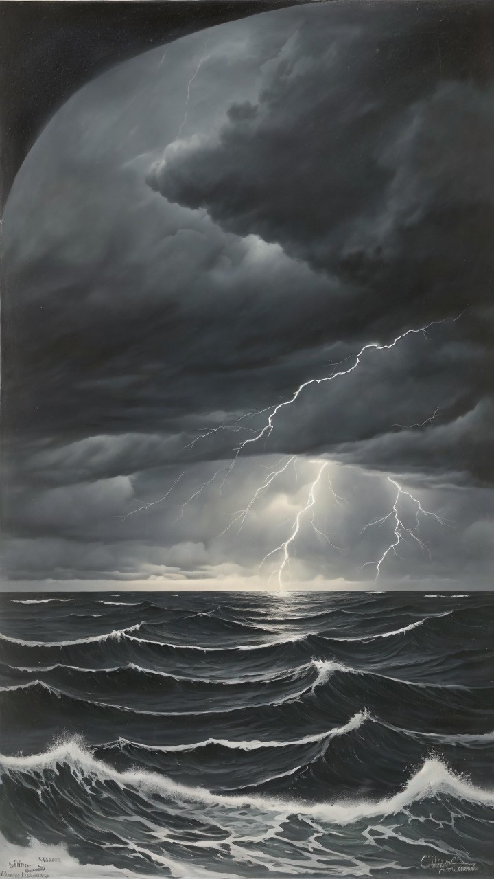 Monochrome Painting of a Stormy Ocean Scene