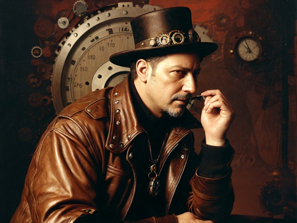 Man in Vintage Leather Jacket with Steampunk Background
