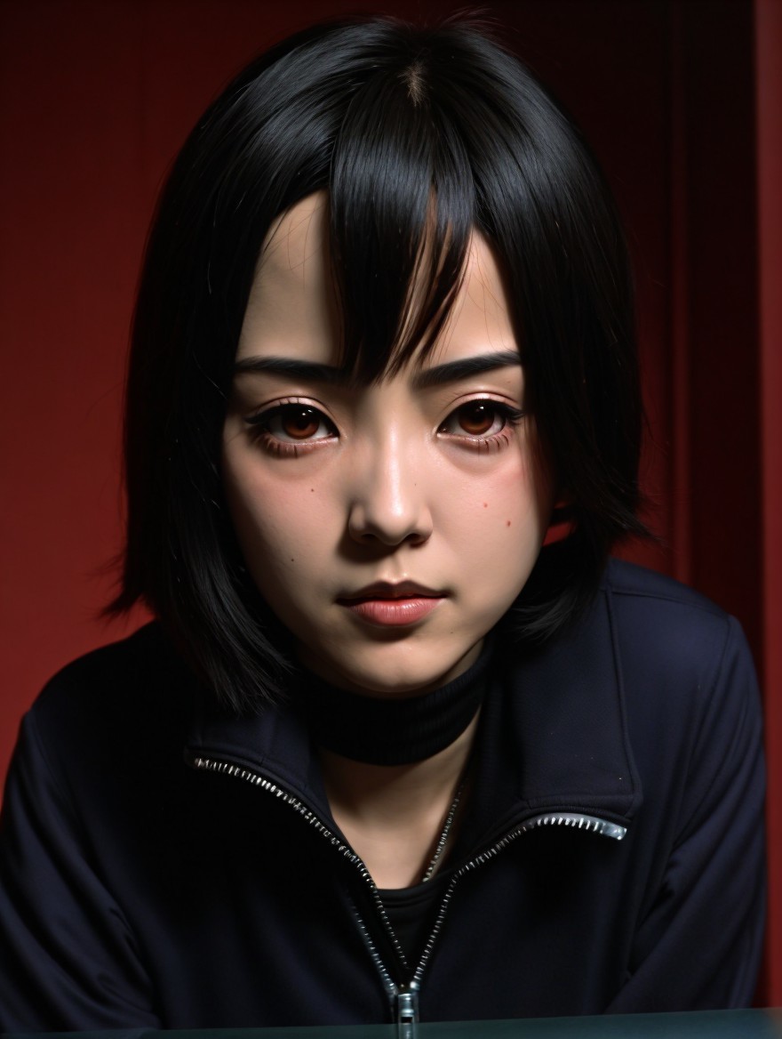 Hyper-realistic humanoid figure with dark jacket and red background