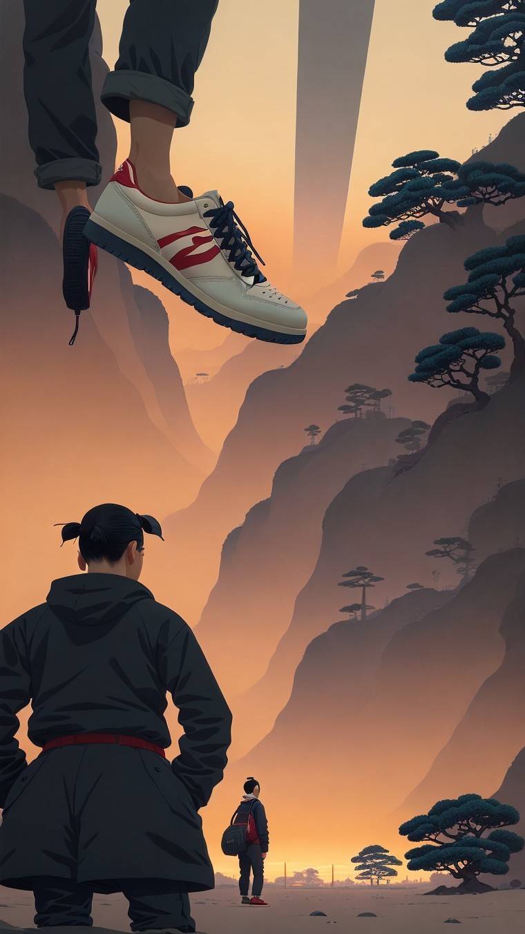 Giant Sneaker in Surreal Landscape with Small Figure