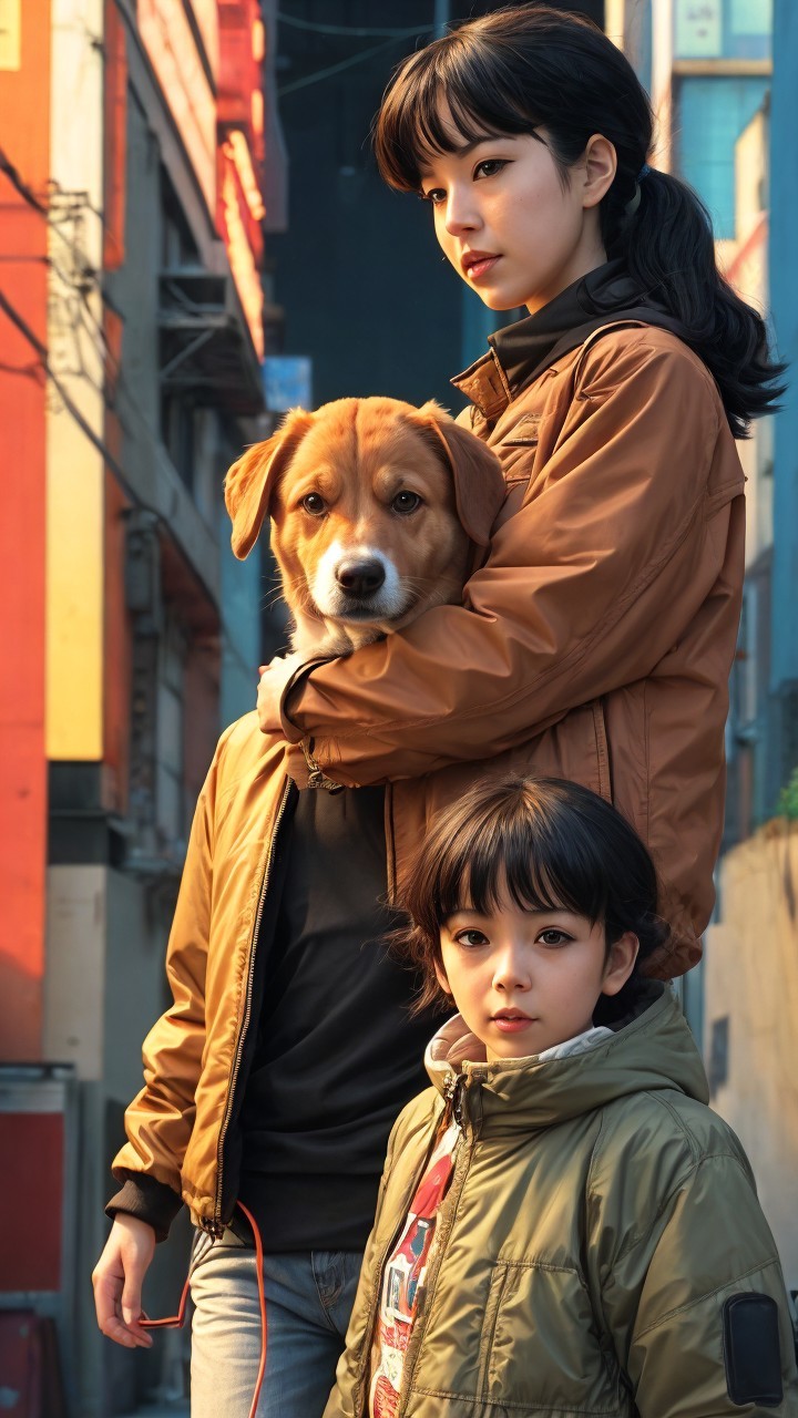 Fair-skinned Asian girl with boy and dog in photo