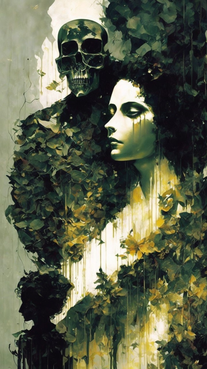 Skull and Female Figure Surrounded by Ivy and Paint