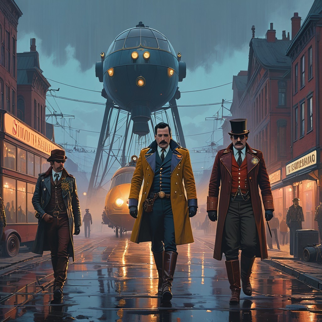 Elegantly Dressed Men in Foggy Retro-Futuristic Setting