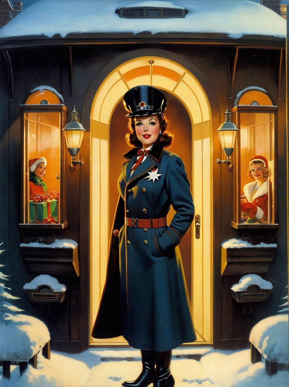 Young Female Officer in Uniform by Train Car Doorway