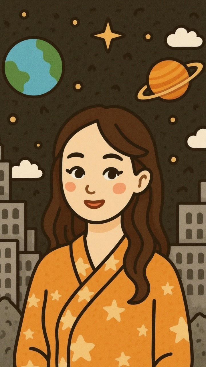 Stylized Illustration of a Young Woman in Cosmic Scene