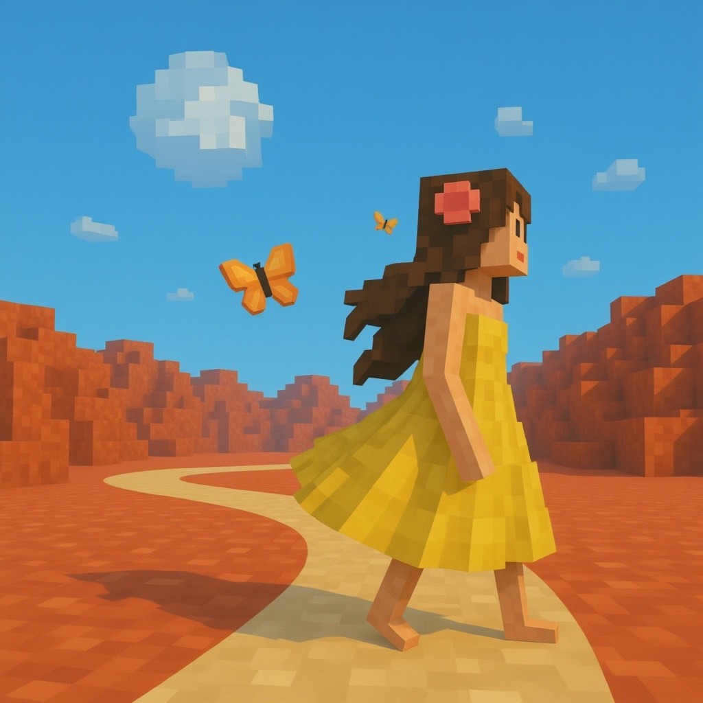 Pixelated Girl in Yellow Dress in Colorful Landscape