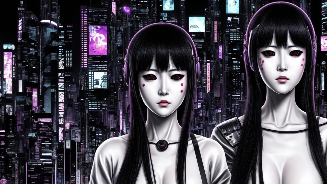 Futuristic Humanoid Figures in Neon Cityscape
