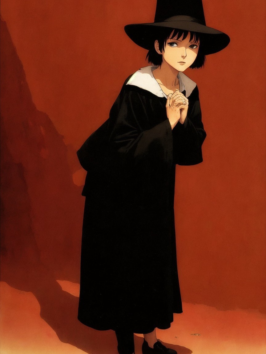 Young girl in black cloak and hat against orange background