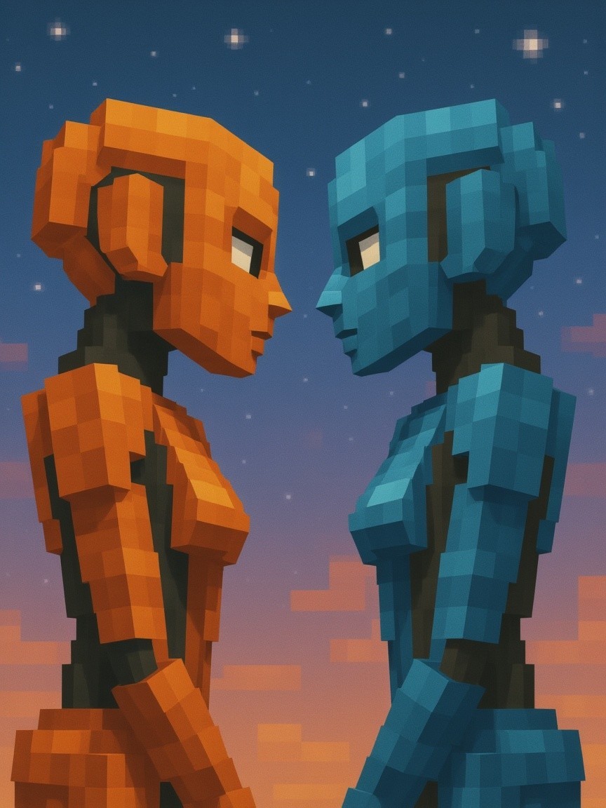 Blocky Humanoid Figures Against Sunset Gradient Sky