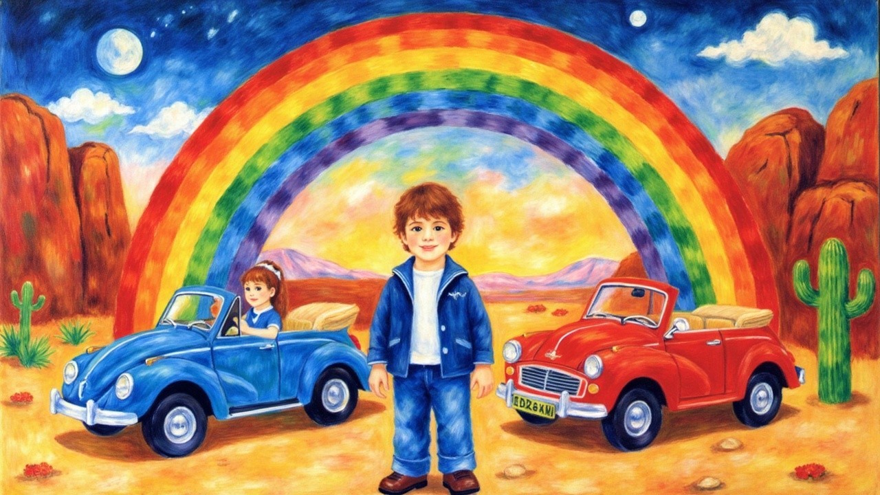 Vibrant Painting of Boy with Vintage Cars and Rainbow