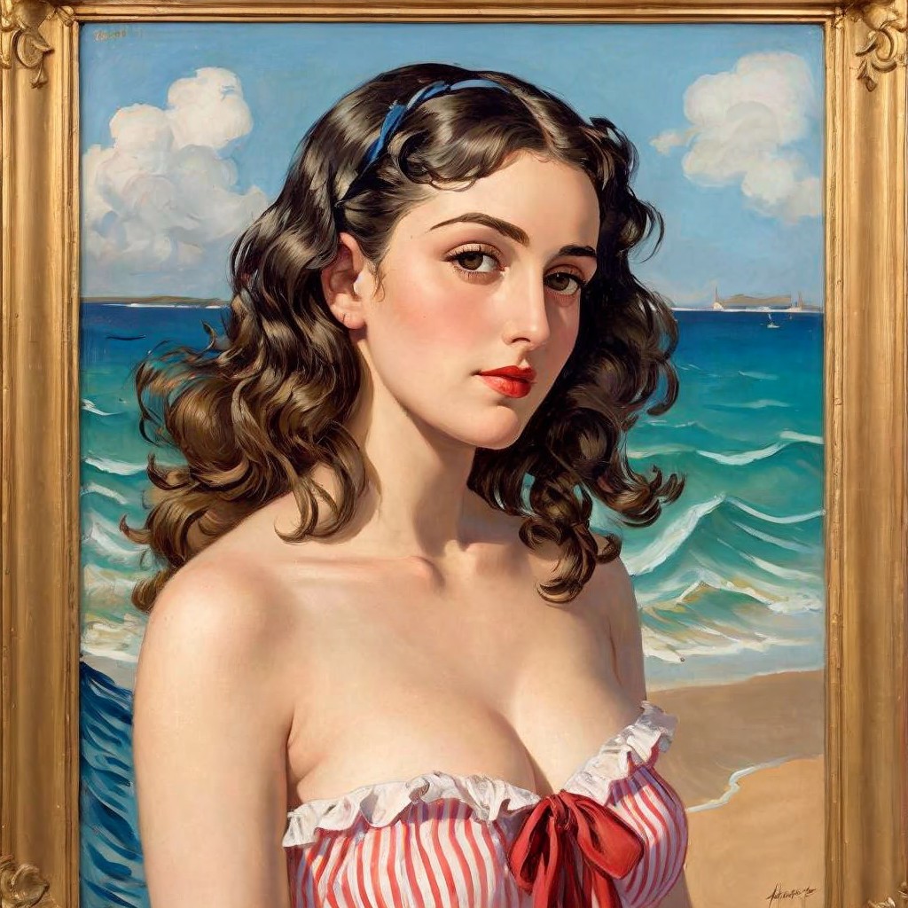 Portrait of a Young Woman in Vintage Swimsuit at Beach