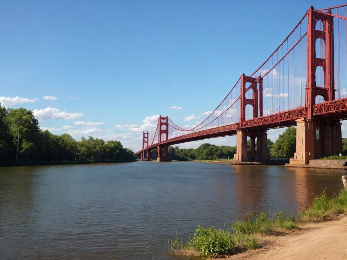 Reddish-orange suspension bridge over dark water